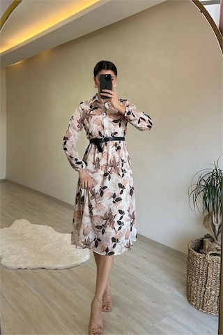 Neşeli Butik Kadın Desenli Gömlek Yaka Midi Elbise Nm011 Bej