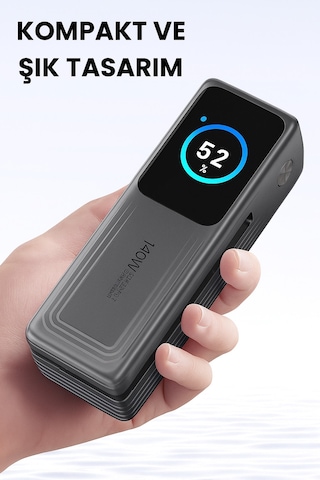 140w Süper Hızlı Şarj 30000mah Powerbank Dijital Led Ekran 2 Usb-c + 1 Usb-a Çıkış Dahili Type-c Kablo Laptop Uyumlu Taşınabilir Şarj Cihazı Açık Gri