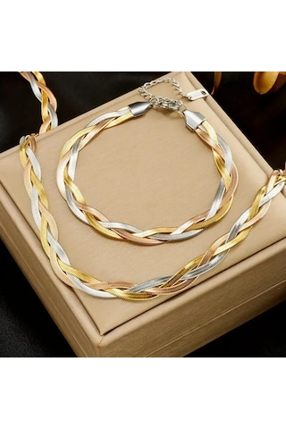 Vintage Boho Model 3 Renk Altın Kaplama 316l Paslanmaz Çelik Şık Tasarım Parlak Bileklik Kolye Set - 1265 Gold