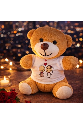 Premium Mutlu Günler Tatlı İllüstrasyon Yumuşak Oyuncak Sevimli Gelin Damat Tişörtlü Peluş Ayıcık Çok Renkli