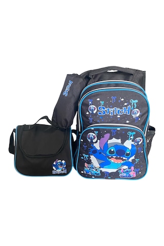 Stitch Desenli Üçlü Erkek Çocuk İlkokul Çantası + Termal Beslenme Çantası + Kalemlik Siyah