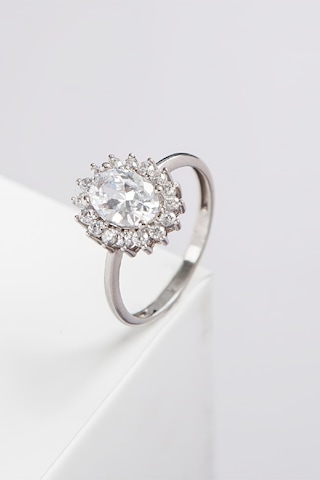 Oval Zirkon Taşlı Rodyumlu 925 Ayar Gümüş Bayan Yüzük -7968