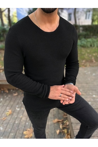 Elku Moda Kazak Örme Tüylenmez Naturel Pamuk Kazak Slim Fit Triko Dar Kesim Body Kazak Siyah