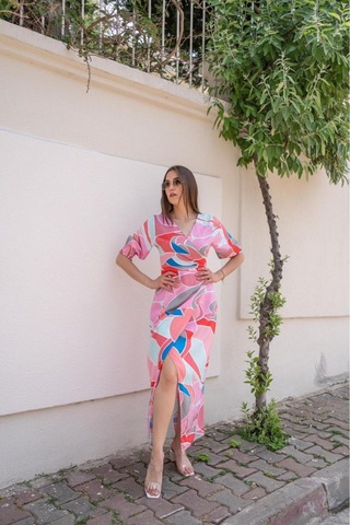 Alyn Wear Fuşya Desenli Yırtmaçlı Elbise