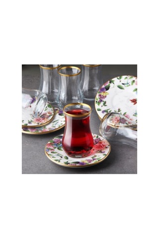 Flora 6 Kişilik Seramik Tabaklı Çay Bardağı Takımı Seti Çok Renkli