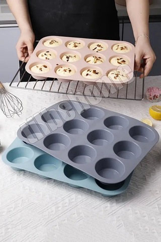 Tilbe Home 12'li Silikon Muffin Kalıbı Kurabiye Tatlı Cupcake Kek Kalıbı Yapışmaz Gıdaya Uygun Pişir Gri
