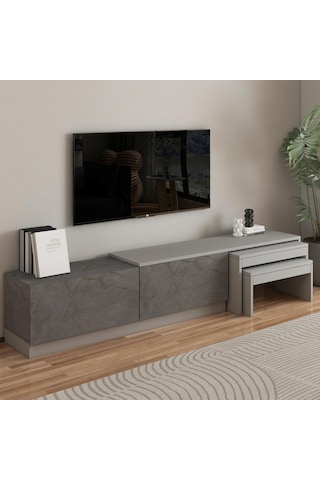 Nest Tv Sehpası Modern Tasarım,2 Kapaklı Depolama Ve İkili Zigon Sehpa İle Fonksiyonel Mobilya Gri