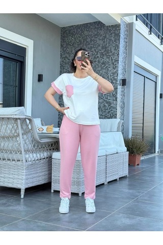 Defymoda Kadın Kristal Kumaş Garnili Cep Detaylı Ikili Takım Pembe