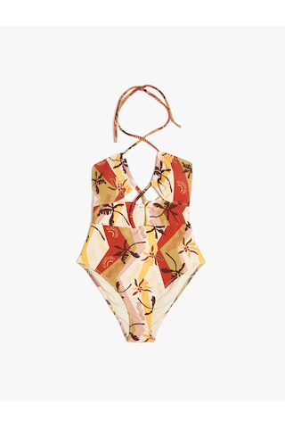 Koton Çiçekli Halter Yaka Mayokini Astarlı Çıkarılabilir Pedli Kahverengi Desenli 4sak20130mm Kahverengi