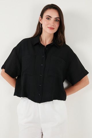 Lela Regular Fit Cep Detaylı Kısa Kollu Bayan Gömlek 6778568 Siyah