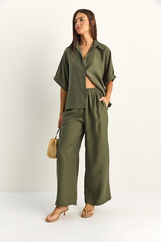 Shade Kadın Oversize Kısa Kol Gömlek Beli Lastikli Geniş Paça Pantolon Takım 7651 60286138 - Haki