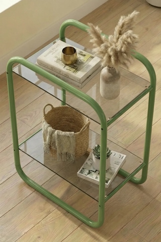 Odessa Yan Sehpa Mint Yeşili- Metal Modern Yan Sehpa Şeffaf Camlı Şık Salon Sehpası Mint Yeşili