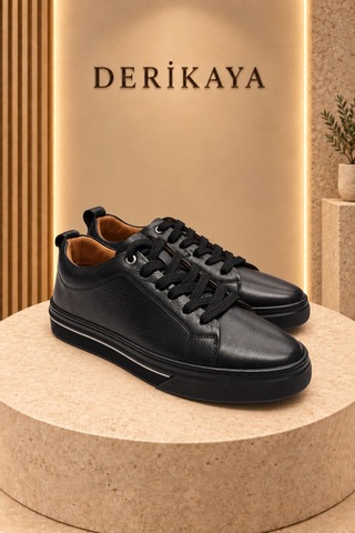 Deri Kaya Erkek Minimal Tasarım Bağcıklı Günlük Sneaker Spor Ayakkabı Siyah