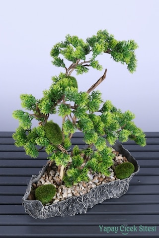 Yapay Çiçek Sitesi Kaya Aksıda Mini Yapay Bonsai Ağacı 40 Cm Yeşil