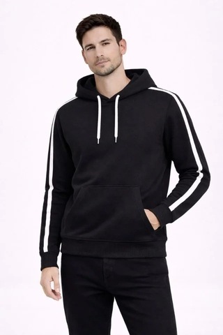 Vexor Erkek Şeritli Kapüşonlu Sweatshirt Oversize 3 Iplik Pamuklu - Siyah