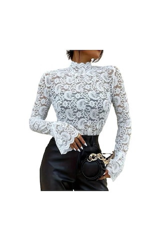Kadın Üst Giyim Dik Yaka Alevli Uzun Kollu Dar Kesim Gömlek Düz Renk Şeffaf Oyuk Nakış Dantel Çiçek Desenli Üstler Beyaz