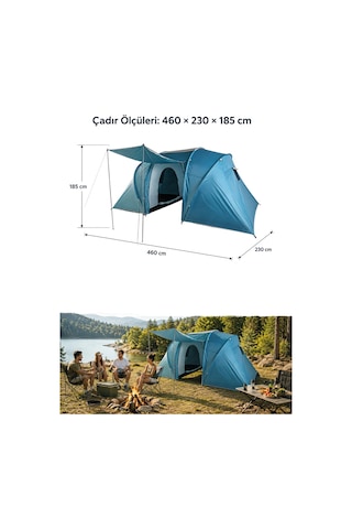 Walke 4 Kişilik Çift Bölmeli Aile Kamp Çadırı Su Geçirmez Polyester 460 X 230 X 185 Mavi