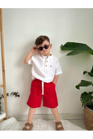 Minaz Baby Gömlek Kırmızı Şort Takım Beyaz - Kırmızı