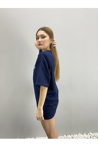 Flood Of Style Lacivert Rochelle Baskılı Oversize Bisiklet Yaka Tshirt