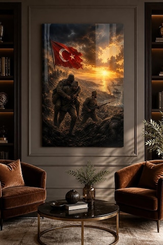 Çanakkale Savaşı Temalı Baskılı Cam Tablo Türk Bayraklı Uv Baskı Duvar Tablosu