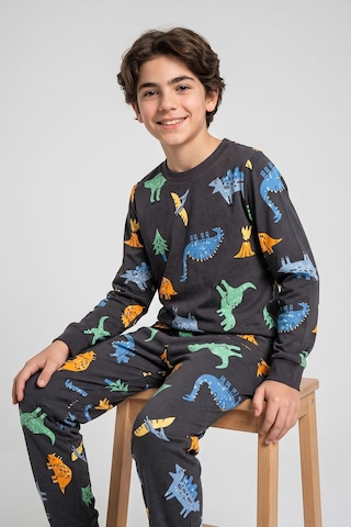 Zuzunga Dinozor Desenli Siyah Uzun Kollu Erkek Çocuk Pijama Takımı Antrasit