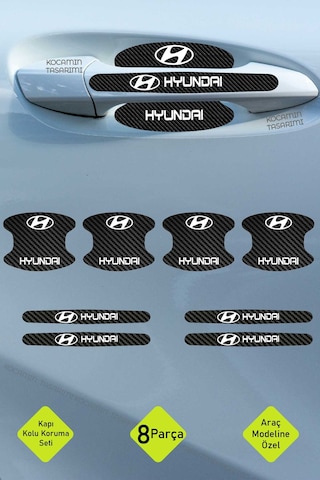 Yüksek Kaliteli Hyundai Standart Kapı Kolu Koruma Seti Karbon Desenli, 8 Parça Şık Beyaz Yazılı Folyo