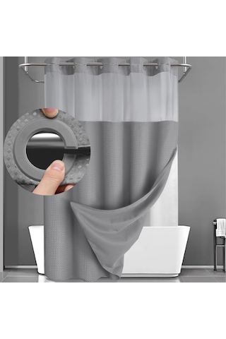 Ximistore9 Gri Su Geçirmez Banyo Perde Seti - Zımparalı Dokulu, Kanca Yok, Tıkla Tak Liner, Hızlı Kurulum, Spalon Deneyimi Açık Gri