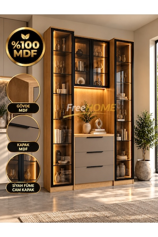 Freehome Doğa Kahve Köşesi Led'li Cam Kapaklı Mdf 160x210x40 Kum Beji