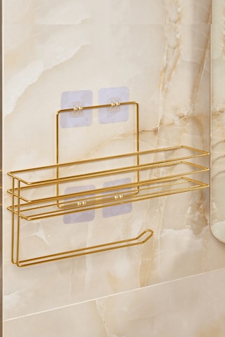 Parlak Altın Modern Banyo Rafı Yapışkanlı Duş Organizer Kağıt Havluluk