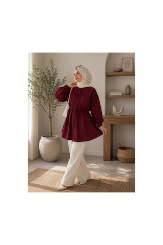 Öners Kadın Büzgü Detaylı Tesetür Gömlek Bordo Bordo