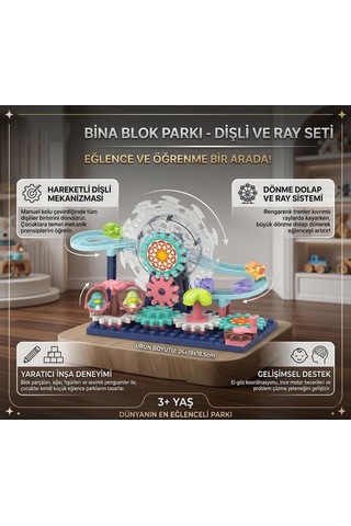 Lunapark Temalı Dönme Dolap Ve Tren Raylı Penguen Figürlü Dıy Çarklı Eğitici Yapı Oyuncak Seti