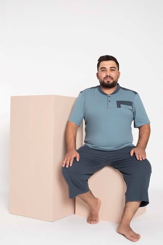 Erkek Büyük Beden 3 Düğme %100 Pamuk Kısa Kol Cepli Kapri Bermuda Pijama Takımı Açık Mavi