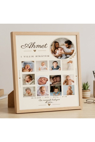 Kişiye Özel Bebek Anı Tablosu - 12 Ay Fotoğraflı Doğum Panosu Ahşap Çerçeveli Poster Kişiye Özel Bebek İlk Yılım 12 Aylık Gelişim Ve Doğum Bilgileri Anı Tablosu Bebek 1 Yıllık Hikayem Fotoğraflı Anı Panosu -