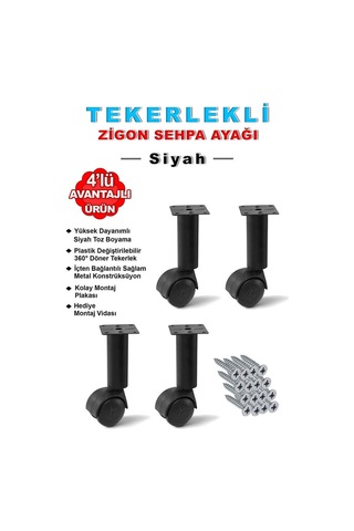 15cm Çap32mm 4 Adet Metal Gövdeli Plastik Tekerlekli Sehpa Ayağı Siyah