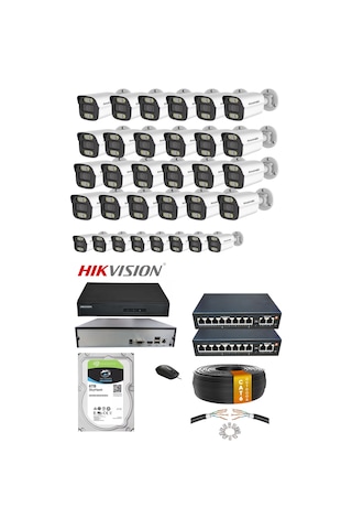 32'li 5mp Ip Kamera Seti Poe Hikvision Nvr İç/dış Mekan Gece Görüş Ses Kayıt Mobil İzleme 6tb Set