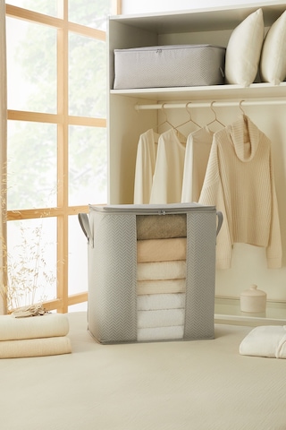 Ocean Home Textile Pvc Pencereli Gri Balıksırtı Hurç 45 x 30 x 50 cm