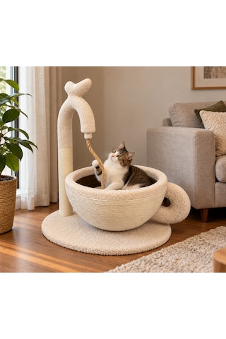 Pureza Kahve Fincanı Tasarımlı Kedi Yatağı, Sisal Tırmalama Direkli & Oyuncaklı Peluş Kedi Dinlenme Alanı