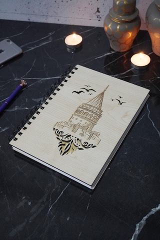 Galata Kulesi Desen Ahşap Defter-spiralli - Günlük - Çizgisiz Defter Ahşap Rengi Banu A5 Notebook