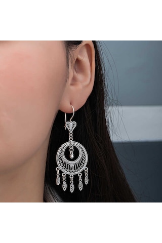 925 Ayar Gümüş Çember Telkari Sallantılı Kadın Küpe 14 MM Gümüş