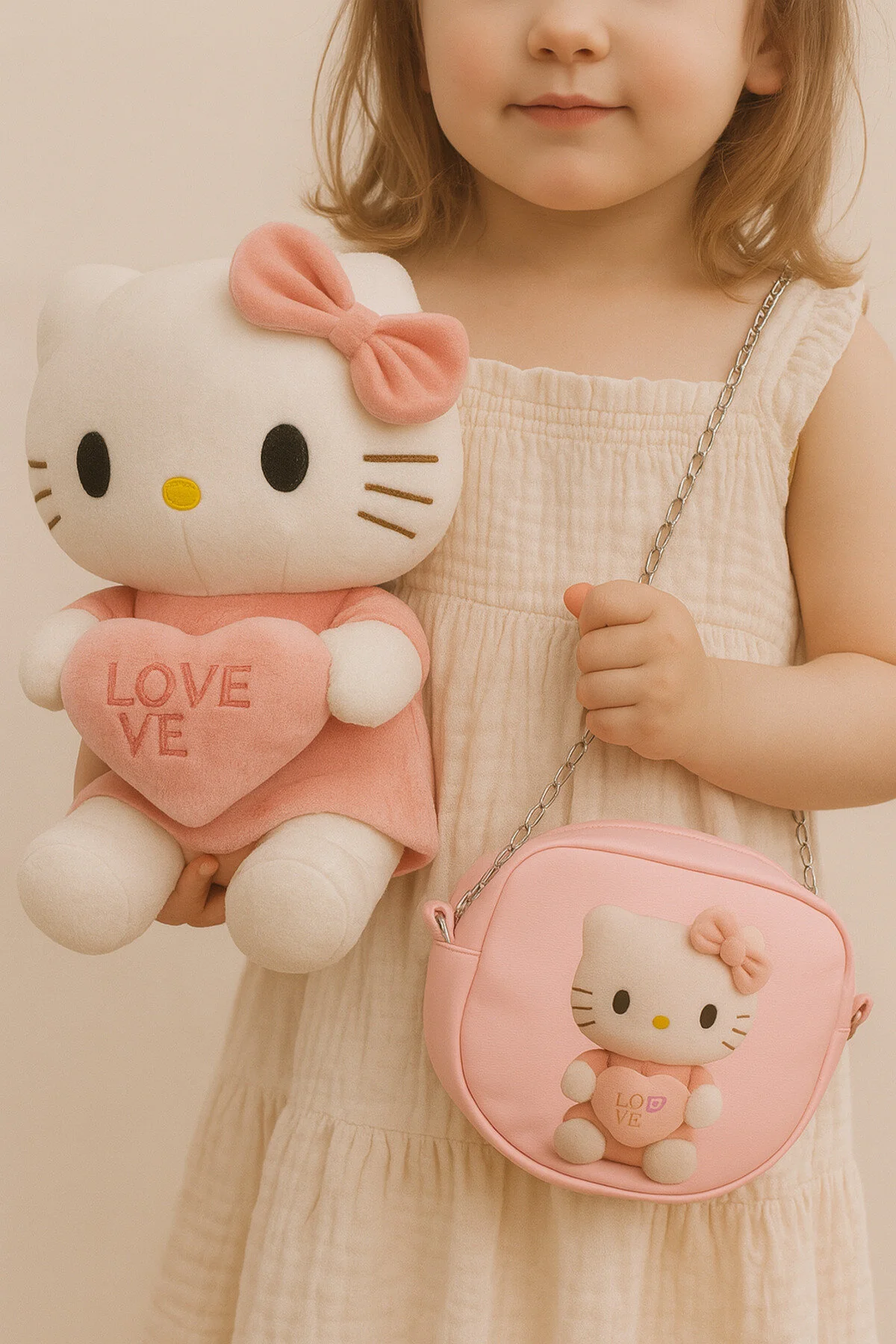 Hello Kitty Mor Peluş Oyuncak 35cm + Deri Çanta Şık Hediye Seti Açık Pembe