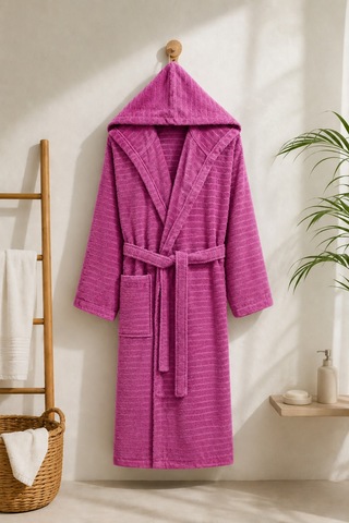 Pamuklu Kapüşonlu Banyo Bornozu Yumuşak Doku Çeyiz Cepli Kemerli Unisex Mürdüm