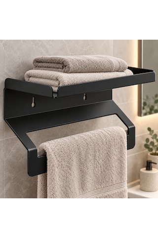 Metal Raflı Havluluk 40 Cm Duvar Tipi Havlu Askısı Siyah