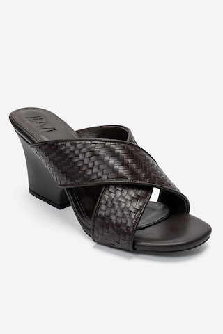 Luvi Shoes Lavean Kahverengi Örgü Çapraz Bantlı Kadın Dolgu Topuklu Terlik