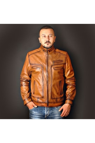 Deriwork Hakiki Kuzu Derisi Taba Erkek Deri Mont Dört Cepli Fermuarlı Deri Ceket Taba