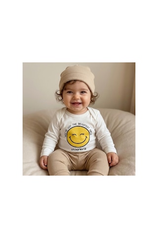 Babysena Happy Baskılı Unisex Bebek Bodyli 3 Lü Takım Bej