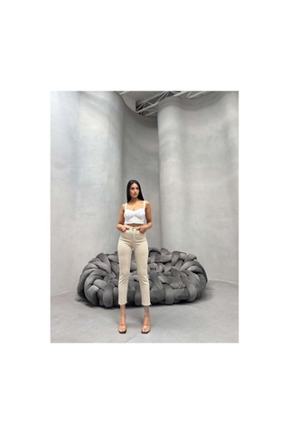 Kene Jeans Kadın Yüksek Bel Taş Keten Paça Kesik Dar Paça Pantolon Bej