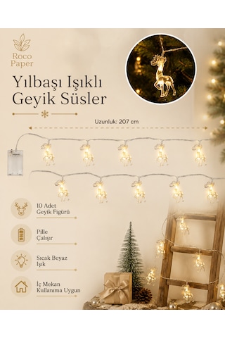 Yılbaşı Geyik Figürlü Işıklı Süs, 207 Cm - 10 Adet Led, Yeniyıl Çam Ağacı Dekorasyonu, Pilli Diğer