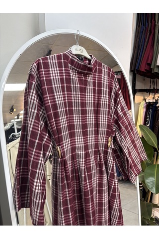 Nirva Butik Kadın Ekose Desenli Belden Oturtmalı Elbise Bordo - Beyaz