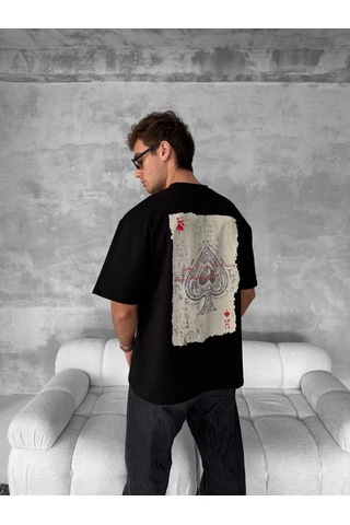 Barlashive Erkek Tişört Kısa Kol Ön Ve Arka Baskılı Oversize Bisiklet Yaka T-shirt - Siyah Çok Renkli