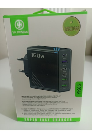 Yk Desıgn Yk85 160w Pd/usb/pd 6 Çıkışlı Şarj Başlığı Siyah